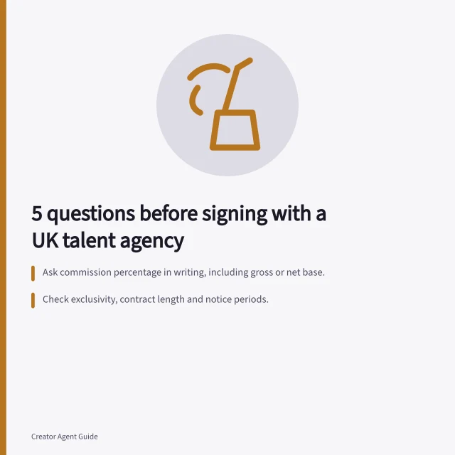 Checklist for UK talent agency contracts: fees, exclusivity, data ownership, exit terms. 5 questions to ask a UK talent agency before signing