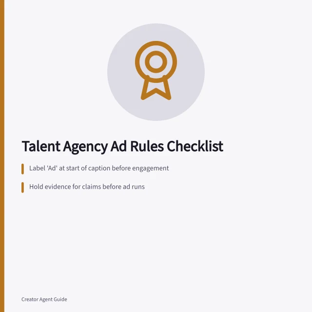 Checklist card for talent agency advertising rules and creator compliance. How to apply talent agencies advertising rules to creator campaigns