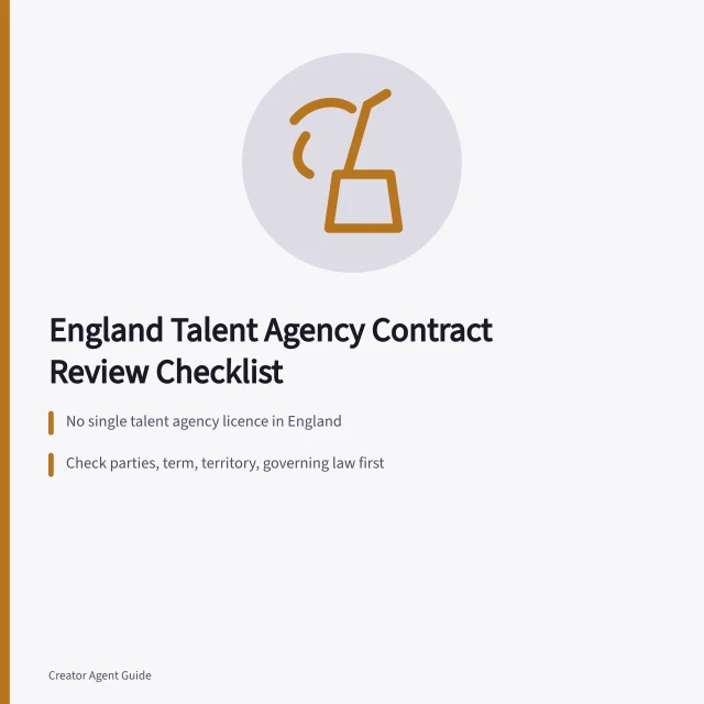Checklist card for reviewing England talent agency commercial contracts. What a talent agencies commercial contracts review means for England rosters