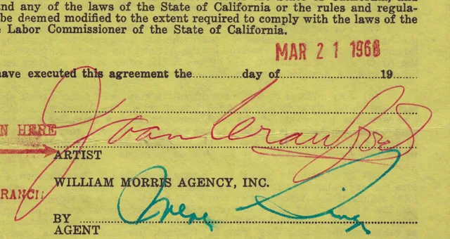 Joan Crawford William Morris Agency contract on March 21, 1968, signature. Why talent agencies return on investment needs a written model
