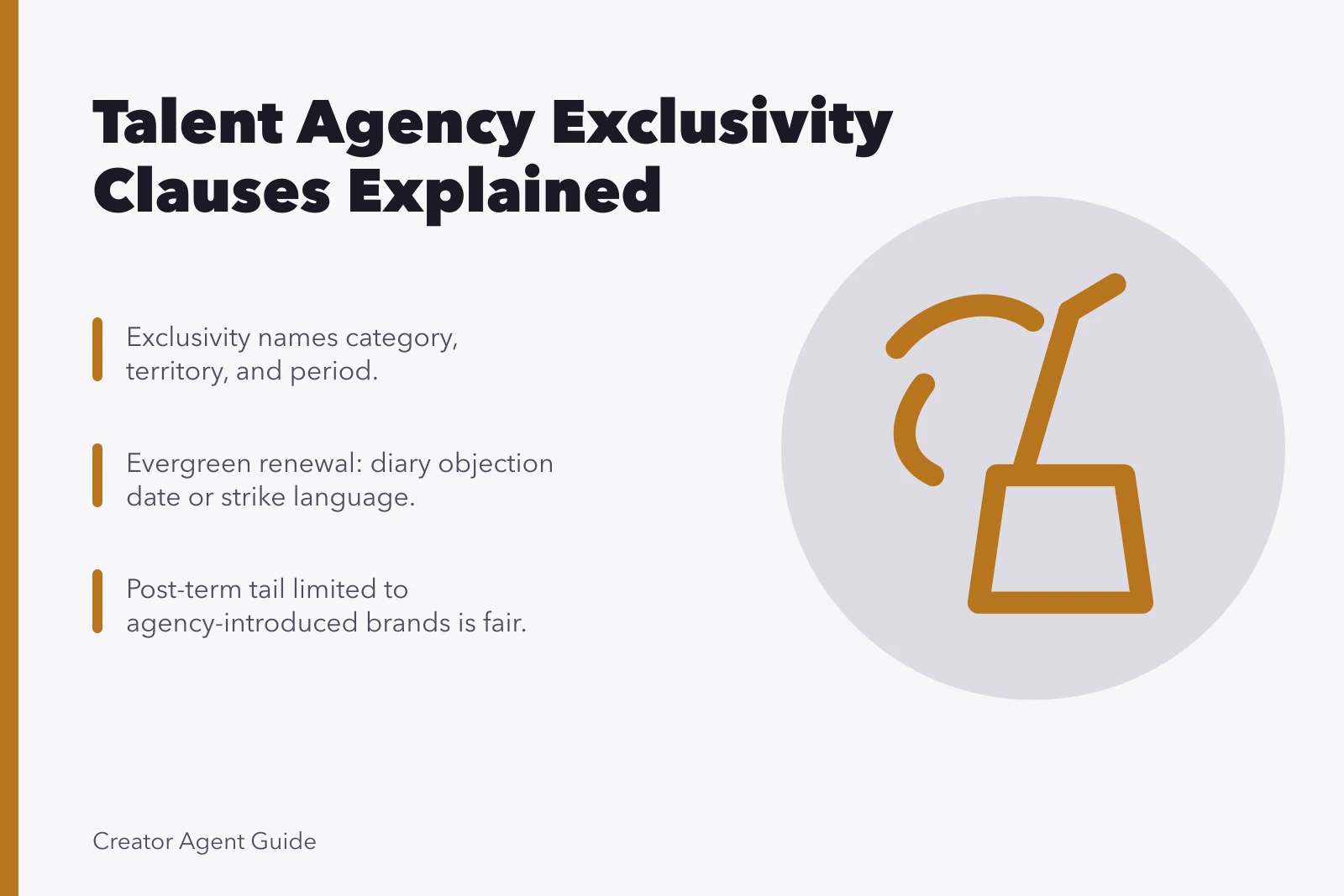 Card explaining talent agency exclusivity clauses, terms, and signing checks.