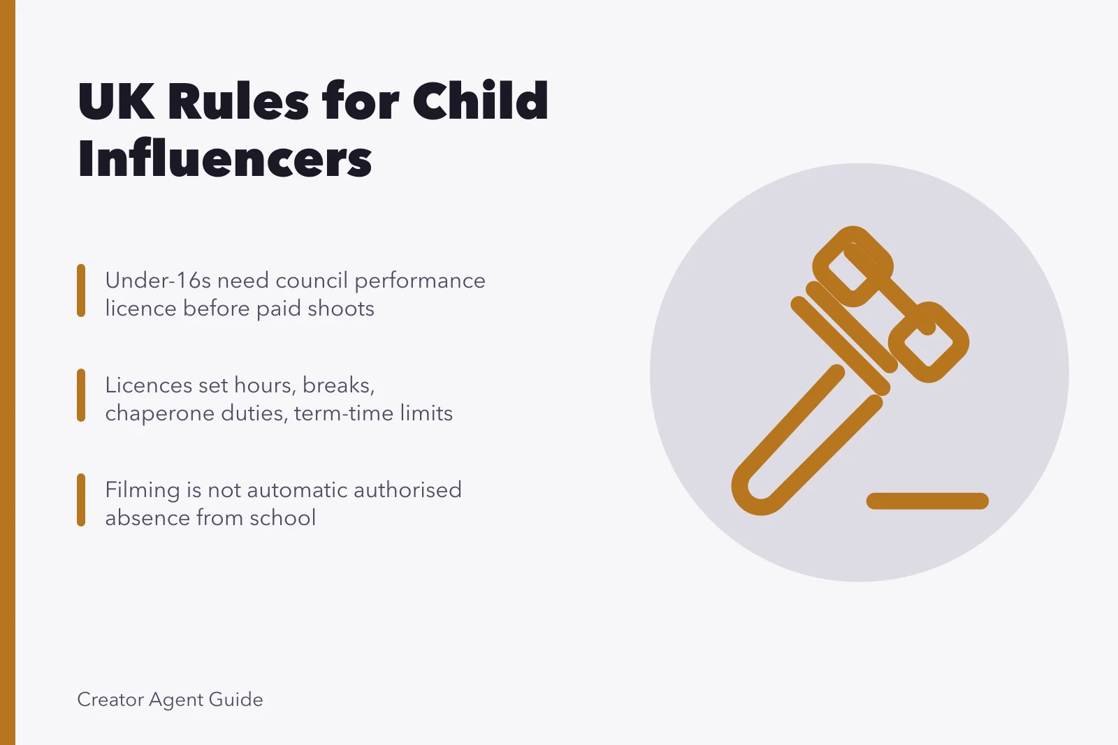 Card summarising UK child influencer licensing, hours and school absence rules
