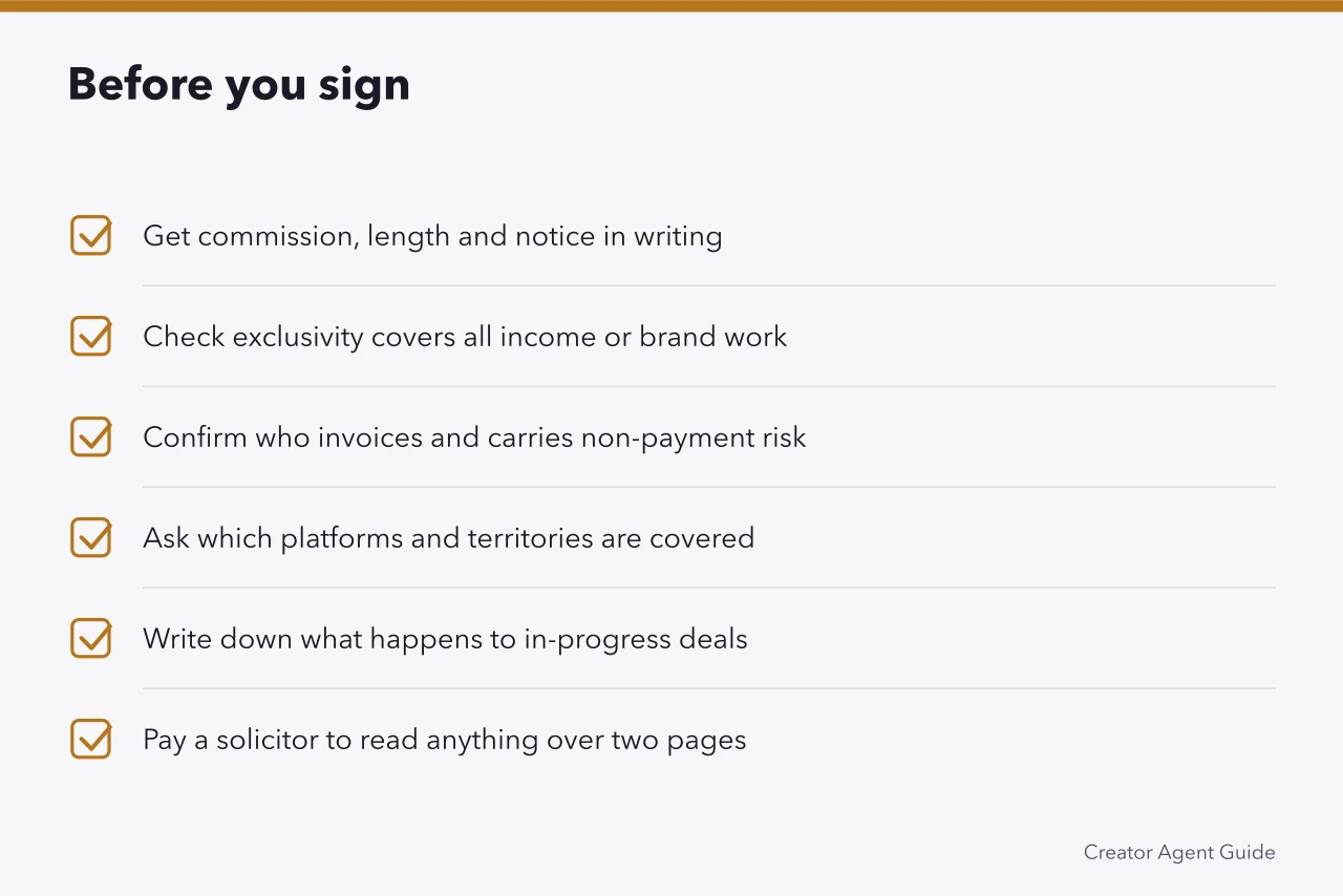 Checklist of six items to review before signing with a talent manager (Do you need a talent manager as a YouTuber in the UK?)